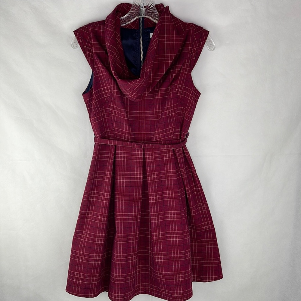 GO International Garnet Navy Cream Plaid Cowl Neck Exposed Zipper Belted Dress